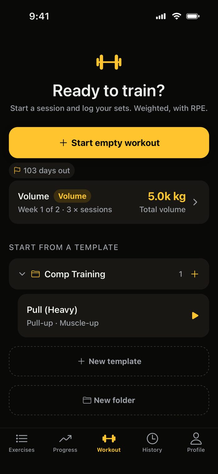 The Weighted workout screen: a start button, a volume block in week one of two, a countdown reading 103 days out, and a saved template.