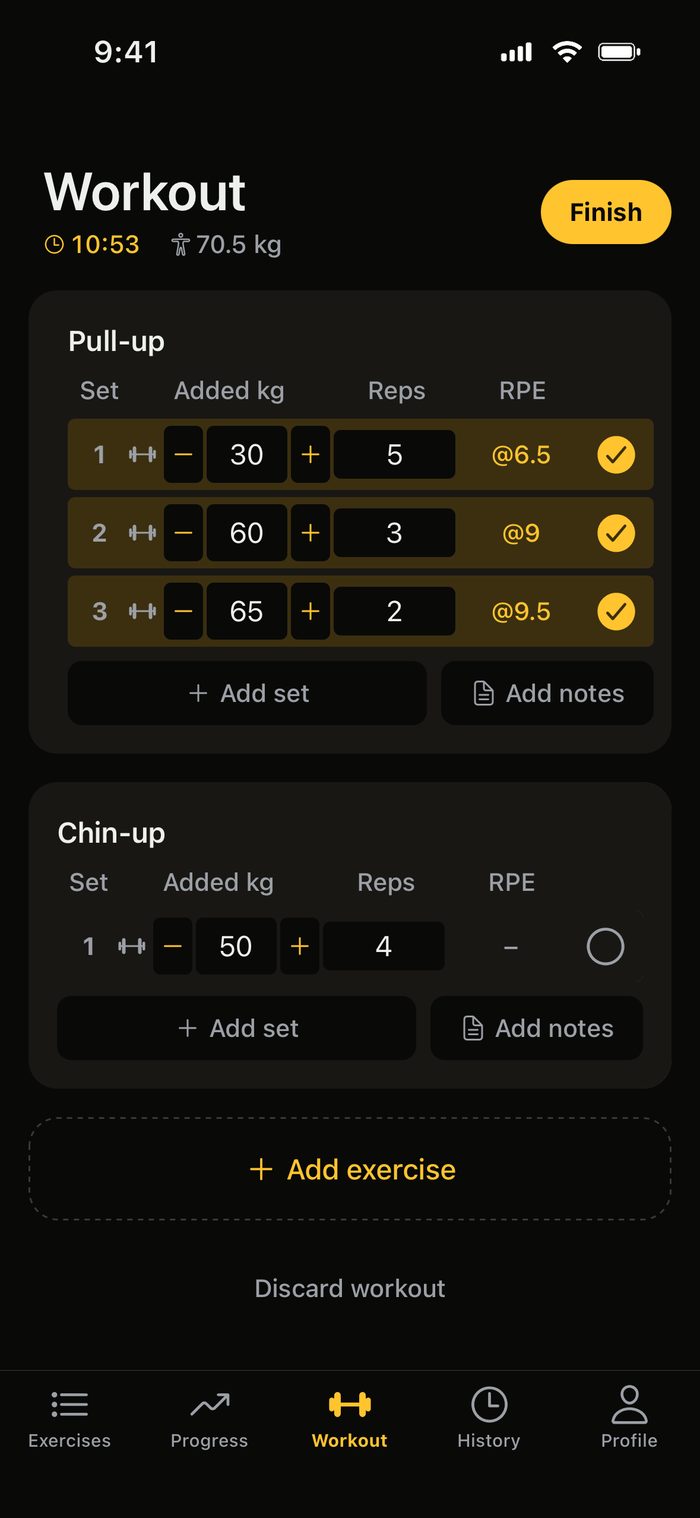 The Weighted logging screen: a pull-up with three sets at 30, 60 and 65 kilos added, each with its reps and RPE, above a chin-up at 50 kilos.